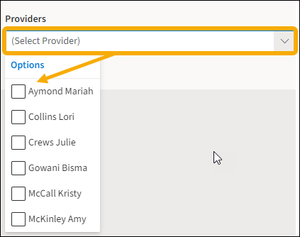 Select Provider field with yellow highlight box around it and an yellow arrow pointing downwards to the provider checkboxes.